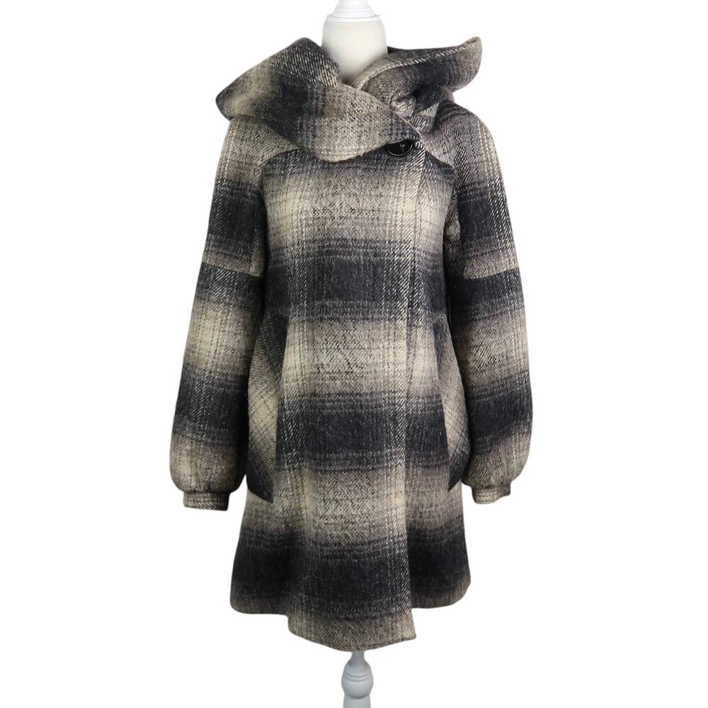 Zara Taupe and Black Ombre Plaid Wool Blend Hooded Swing Coat S